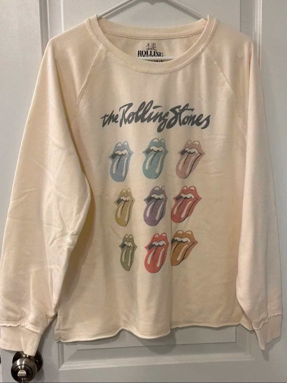 The Rolling Stones Cream Crewneck Sweatshirt with Multicolor Tongue Motif